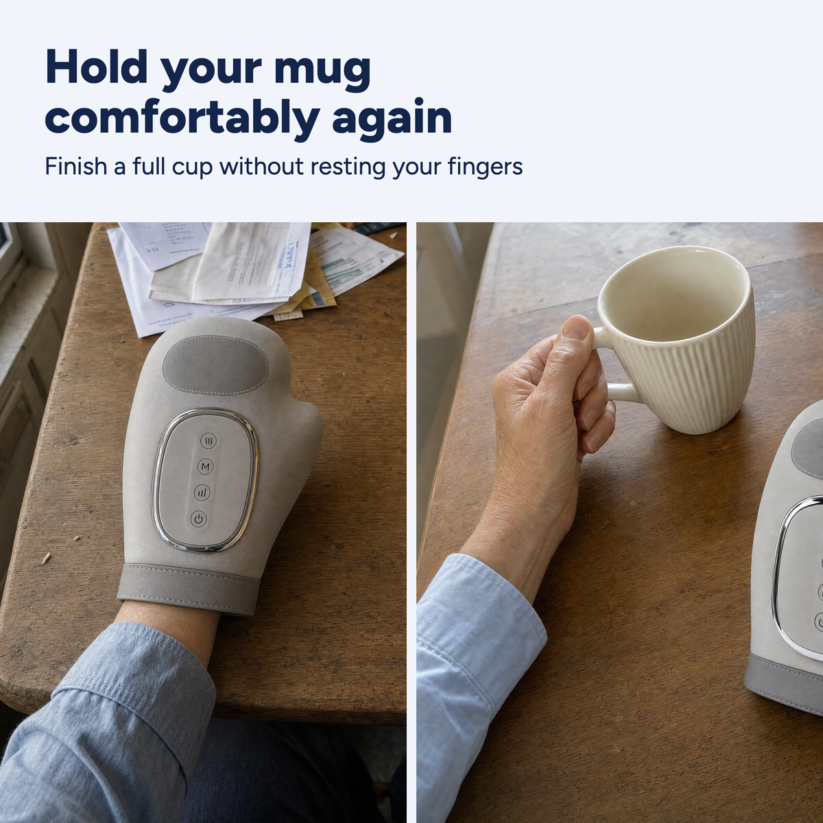 Two photos at the same worn wooden table: a hand inside the gray massage glove, then the same hand holding a white mug with the glove beside it.