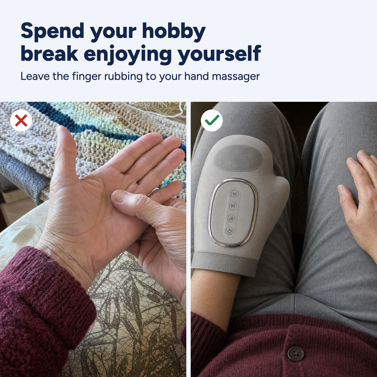Unfinished crochet set down beside a person resting their hand inside the gray compression glove.