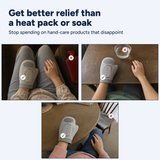 A collage of three people using the gray massage glove at home. Green ticks mark the gloves, and red crosses mark two heat packs and a soaking bowl set aside.