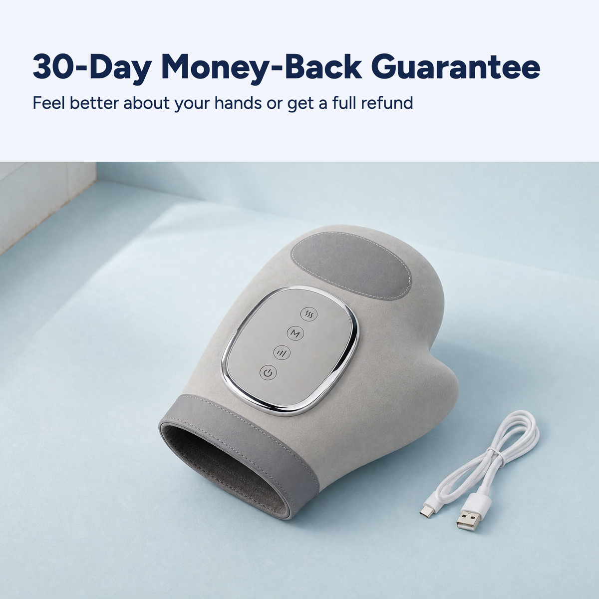 The gray Heated Compression Hand Massager beside its 30-Day Money-Back Guarantee.