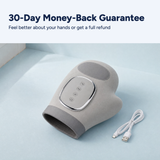 The gray Heated Compression Hand Massager beside its 30-Day Money-Back Guarantee.